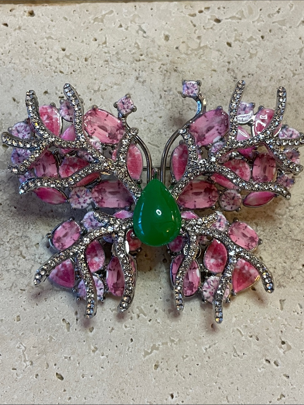 Saks Fifth Avenue Large Pink Crystal Butterfly Brooch Green Cabochon Pin